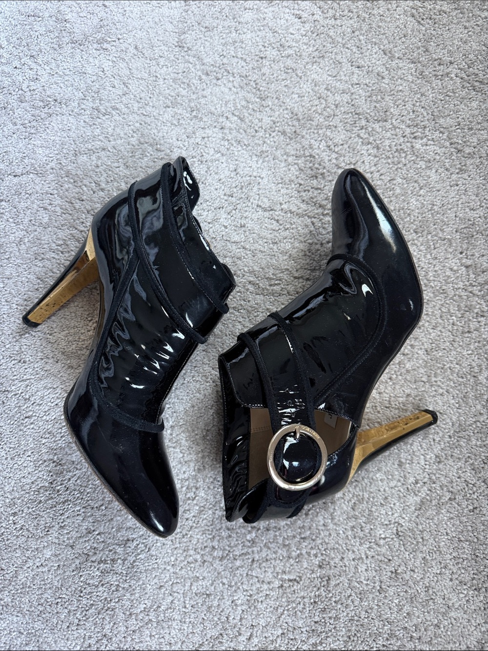 Jimmy Choo Black Patent Leather Stiletto Ankle Booties with Gold Accent
